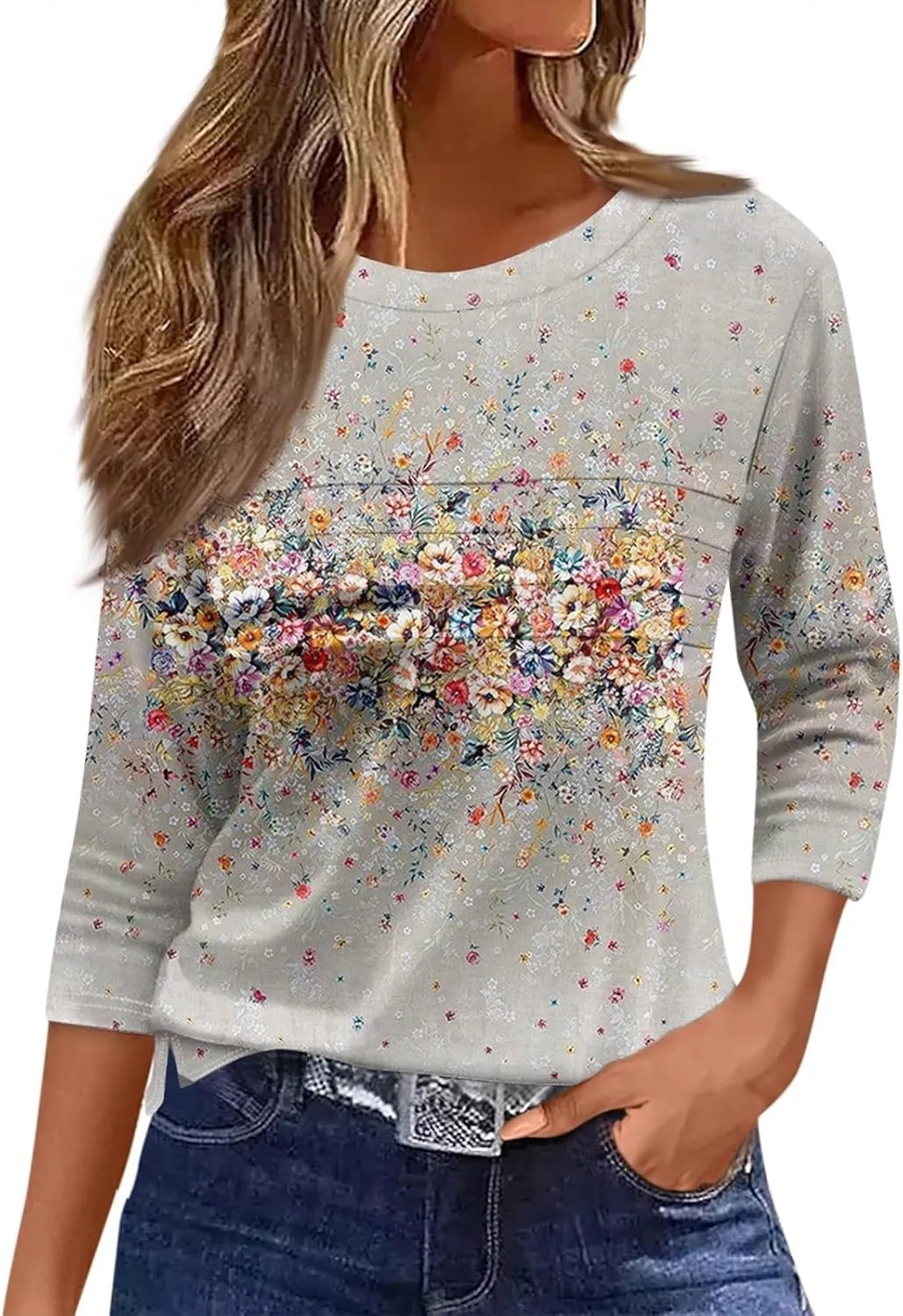 Womens 3/4 Length Sleeve Tops Casual Crewneck Pleated T-Shirts Loose Fit Fashion Tunic Tops