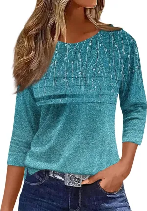 Womens 3/4 Length Sleeve Tops Casual Crewneck Pleated T-Shirts Loose Fit Fashion Tunic Tops