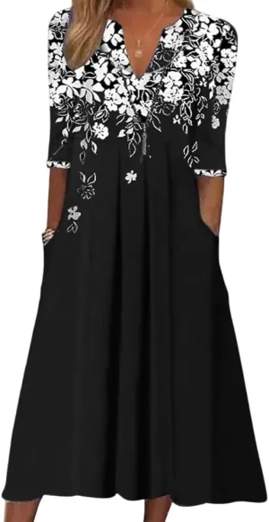 Women's Boho Floral Maxi Dress, Elegant V-Neck 3/4 Sleeve Boho Casual Dress with Pockets for Women