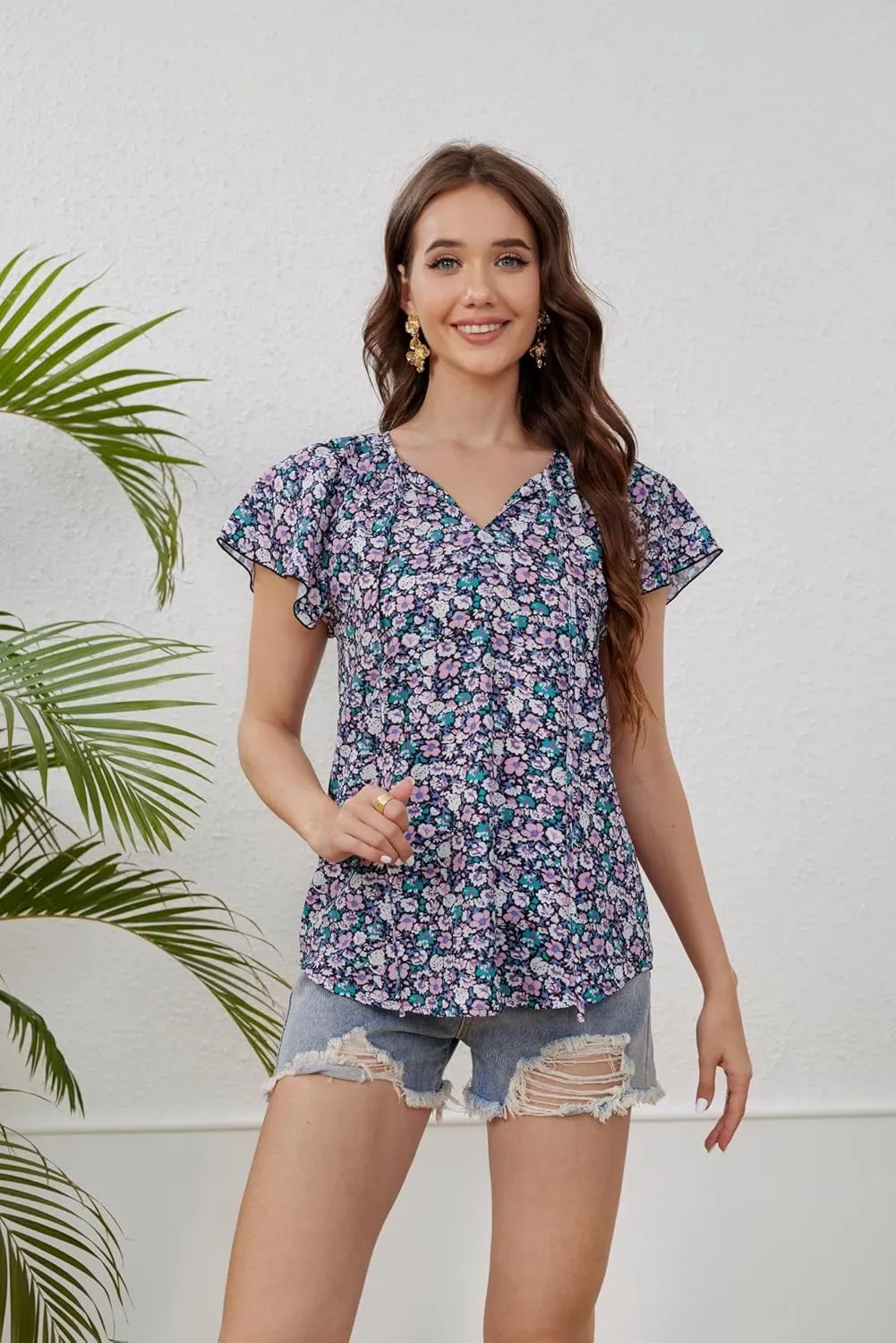 Women's Boho Tops Floral V Neck Blouses Short Sleeve Summer Shirts Dressy Casual Ruffle Tunic Top with Leggings