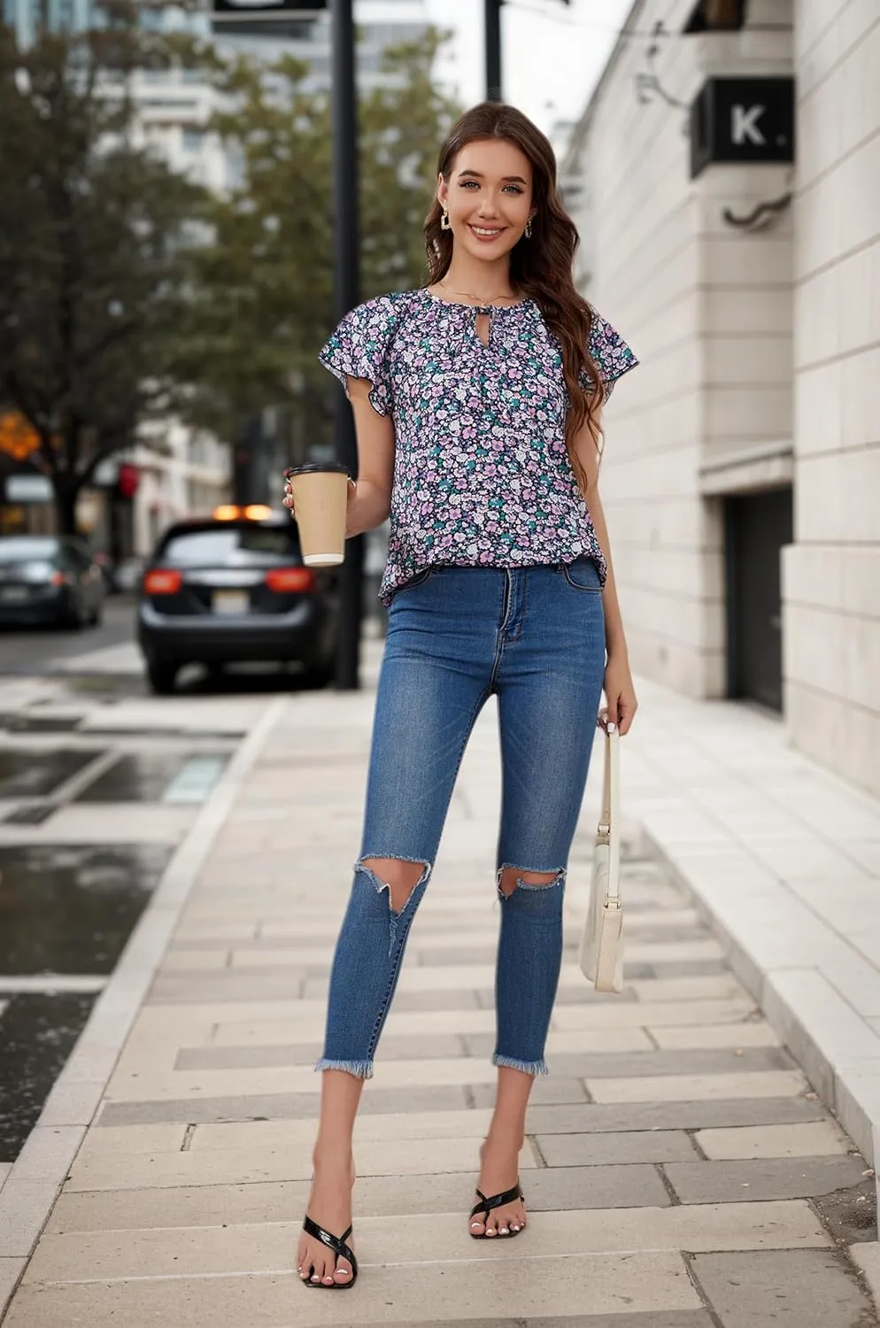 Women's Boho Tops Floral V Neck Blouses Short Sleeve Summer Shirts Dressy Casual Ruffle Tunic Top with Leggings