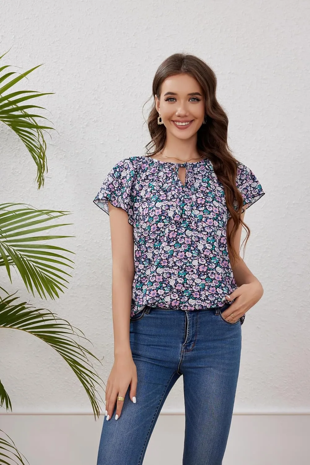 Women's Boho Tops Floral V Neck Blouses Short Sleeve Summer Shirts Dressy Casual Ruffle Tunic Top with Leggings