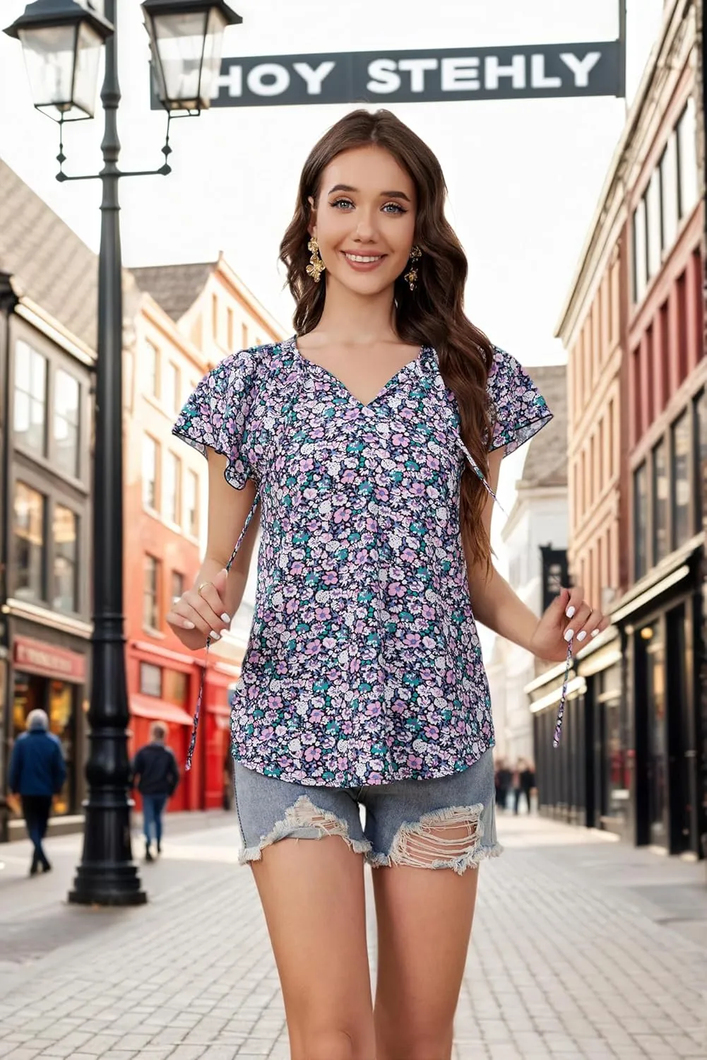 Women's Boho Tops Floral V Neck Blouses Short Sleeve Summer Shirts Dressy Casual Ruffle Tunic Top with Leggings