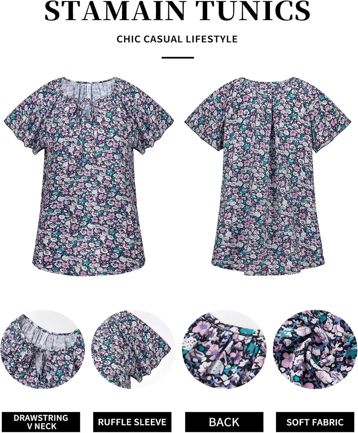 Women's Boho Tops Floral V Neck Blouses Short Sleeve Summer Shirts Dressy Casual Ruffle Tunic Top with Leggings