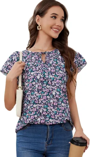 Women's Boho Tops Floral V Neck Blouses Short Sleeve Summer Shirts Dressy Casual Ruffle Tunic Top with Leggings