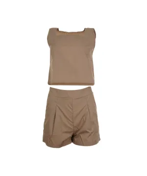 Womens Cotton Linen Cami Outfit Suit Tops Ladies Summer T Shirt Shorts Tracksuit Khaki XL ASL8084