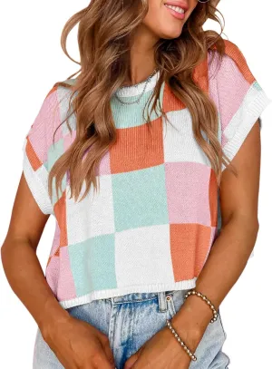 Womens Cute Crop Tops Cap Sleeve Knit Sweater Color Block Crew Neck Shirts Trendy Casual Pullover Tops