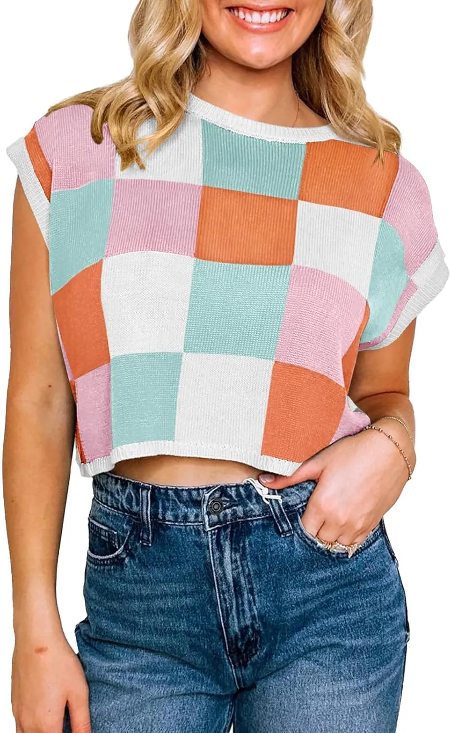 Womens Cute Crop Tops Cap Sleeve Knit Sweater Color Block Crew Neck Shirts Trendy Casual Pullover Tops