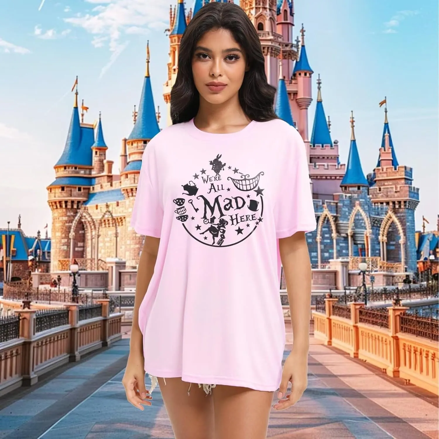 Women's Cute Graphic Tees We're All Mad Here Printed Shirts Summer Vacation Shirts Vintage Magic Short Sleeve Top
