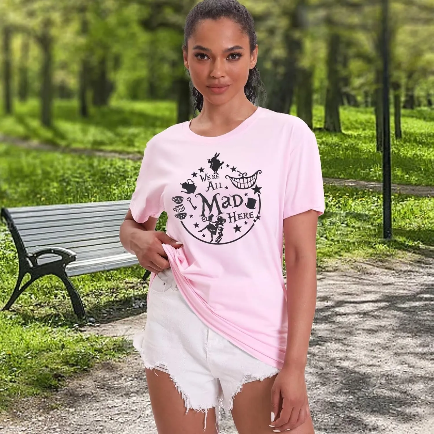 Women's Cute Graphic Tees We're All Mad Here Printed Shirts Summer Vacation Shirts Vintage Magic Short Sleeve Top