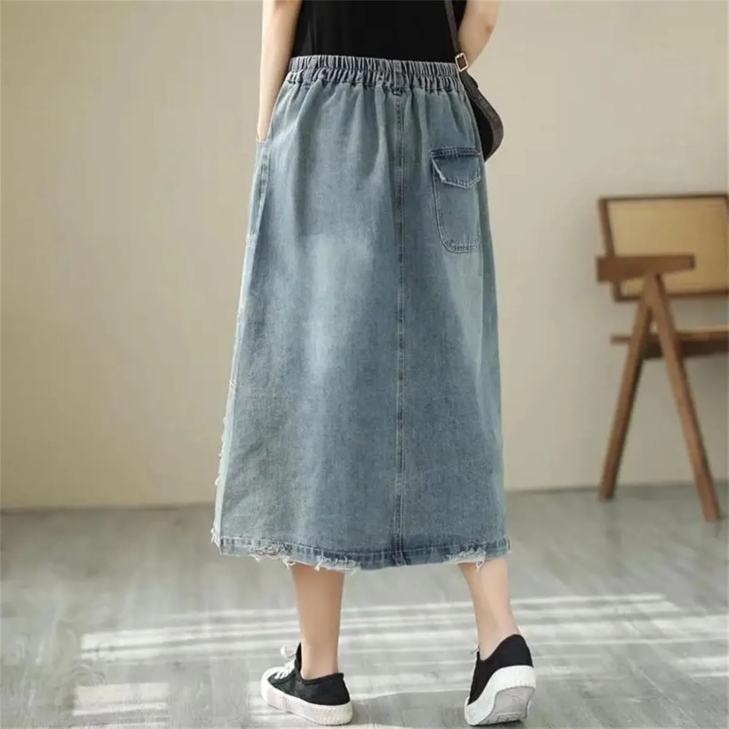 Women's Denim Embroidered Skirts Spring High Waist Office Vintage Floral Midi Skirt