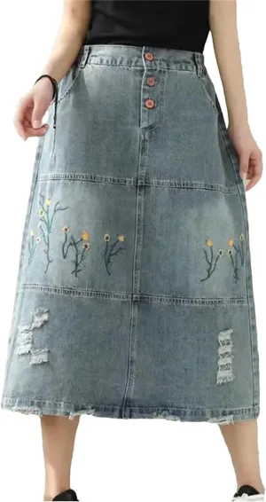 Women's Denim Embroidered Skirts Spring High Waist Office Vintage Floral Midi Skirt