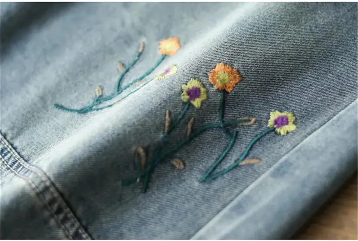 Women's Denim Embroidered Skirts Spring High Waist Office Vintage Floral Midi Skirt