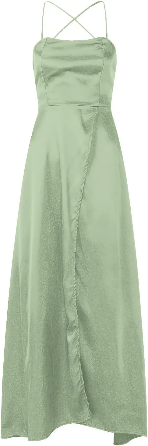 Women's Evening Formal Dresses 2024 Trendy Elegant Prom Dress Solid Satin Backless Split Cocktail Wedding Party Long Dresses
