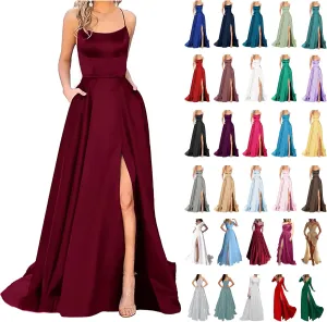 Women's Evening Formal Dresses 2024 Trendy Elegant Prom Dress Solid Satin Backless Split Cocktail Wedding Party Long Dresses