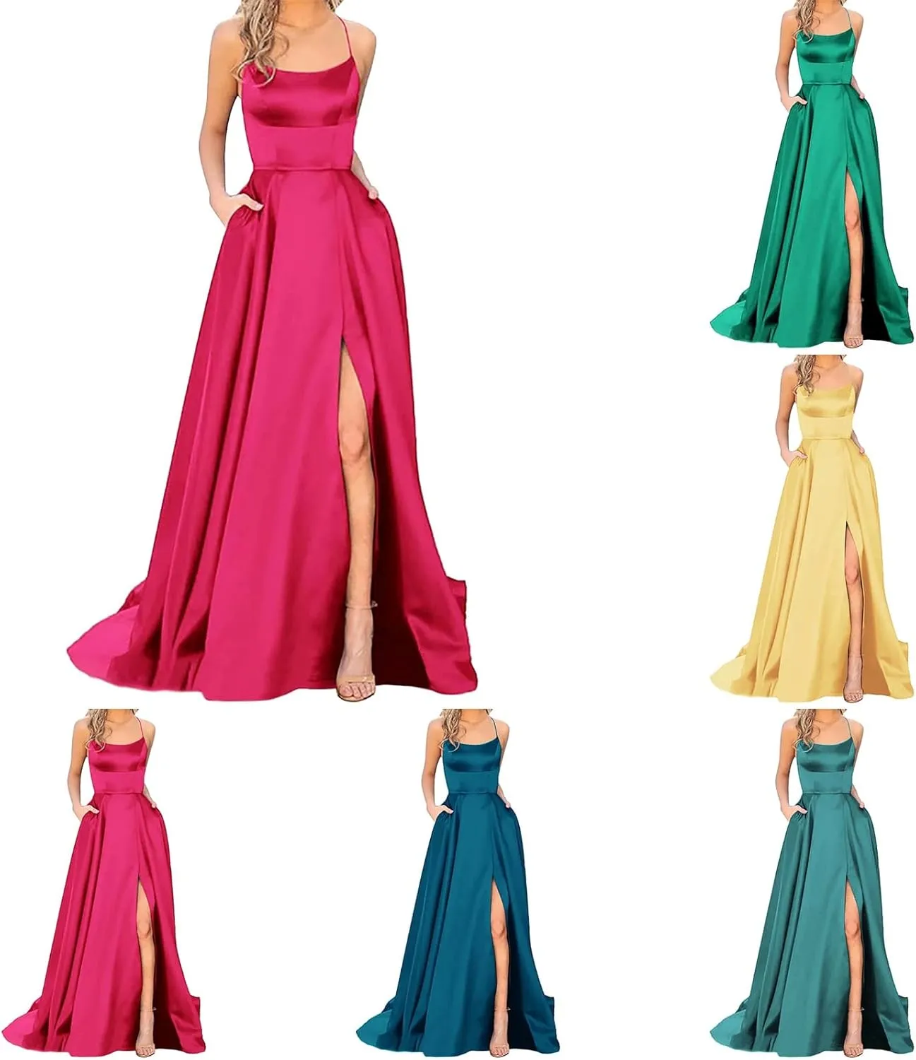 Women's Evening Formal Dresses 2024 Trendy Elegant Prom Dress Solid Satin Backless Split Cocktail Wedding Party Long Dresses