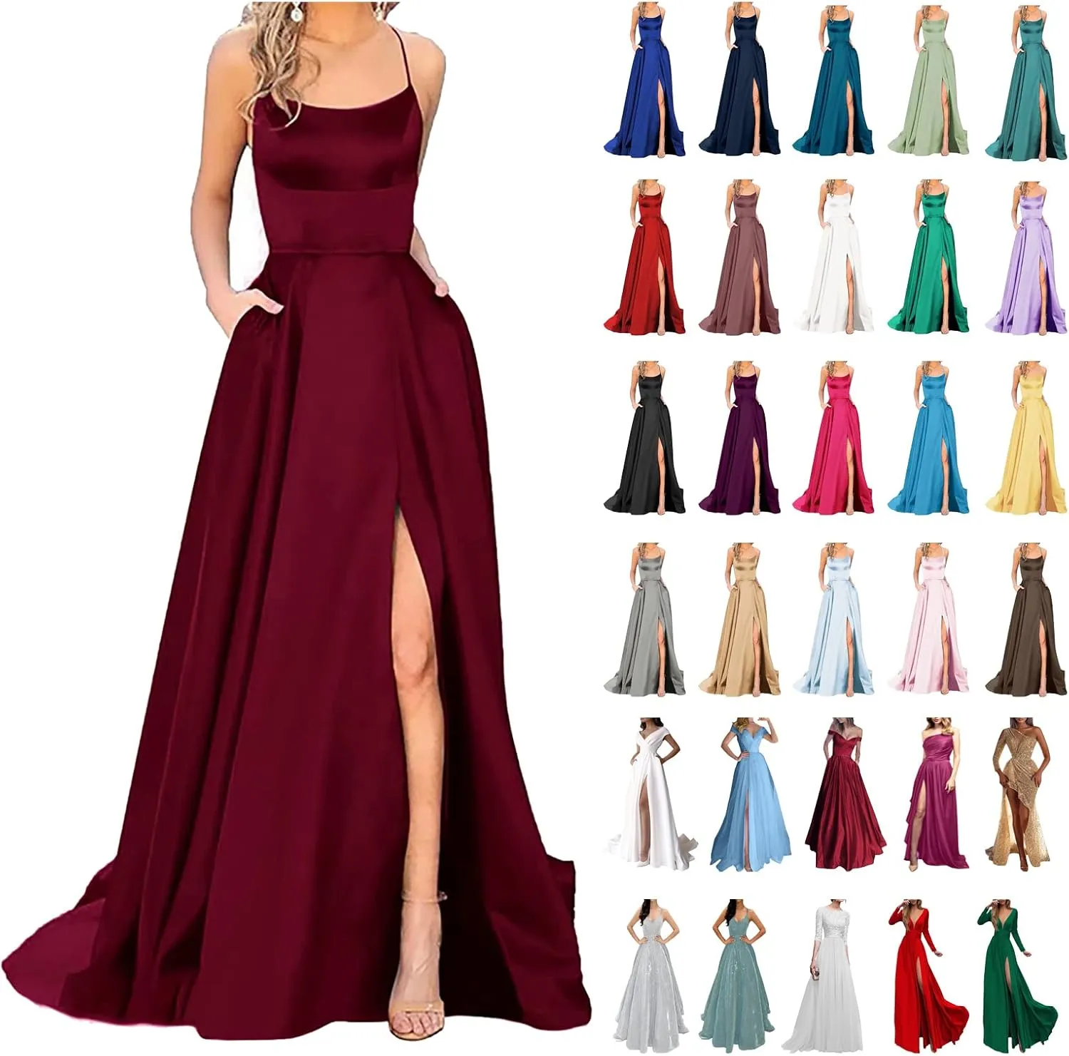 Women's Evening Formal Dresses 2024 Trendy Elegant Prom Dress Solid Satin Backless Split Cocktail Wedding Party Long Dresses