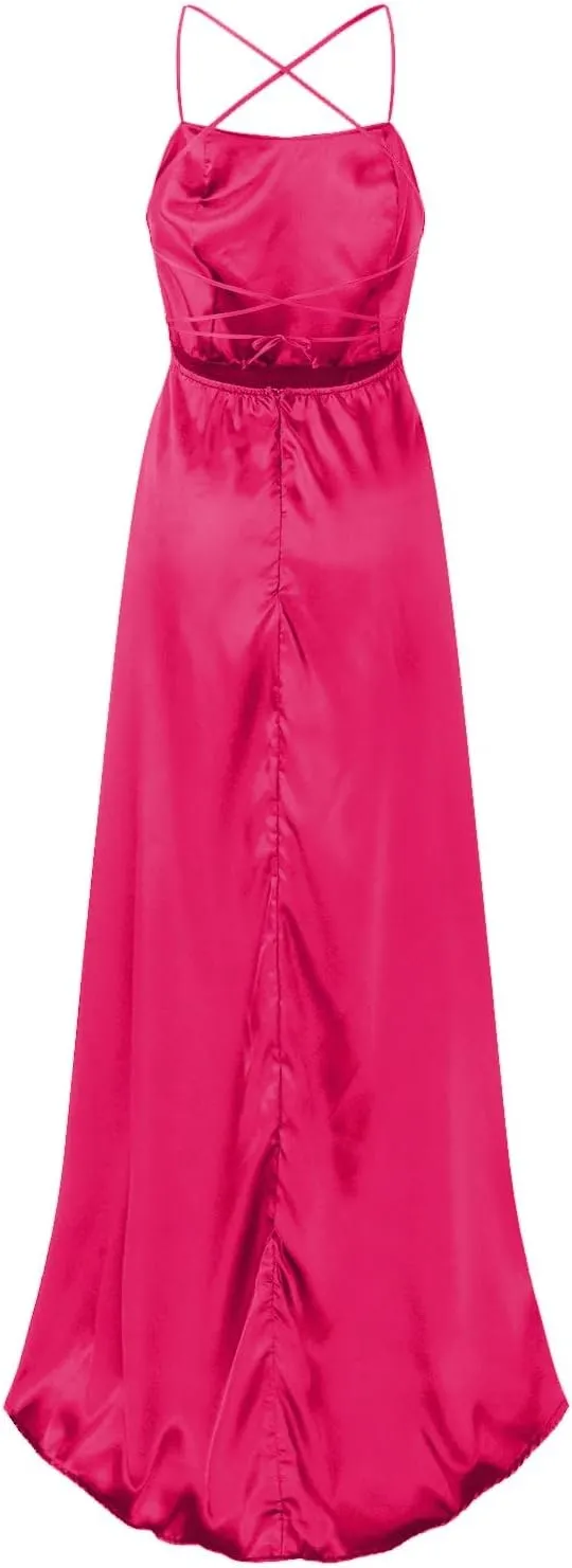 Women's Evening Formal Dresses 2024 Trendy Elegant Prom Dress Solid Satin Backless Split Cocktail Wedding Party Long Dresses