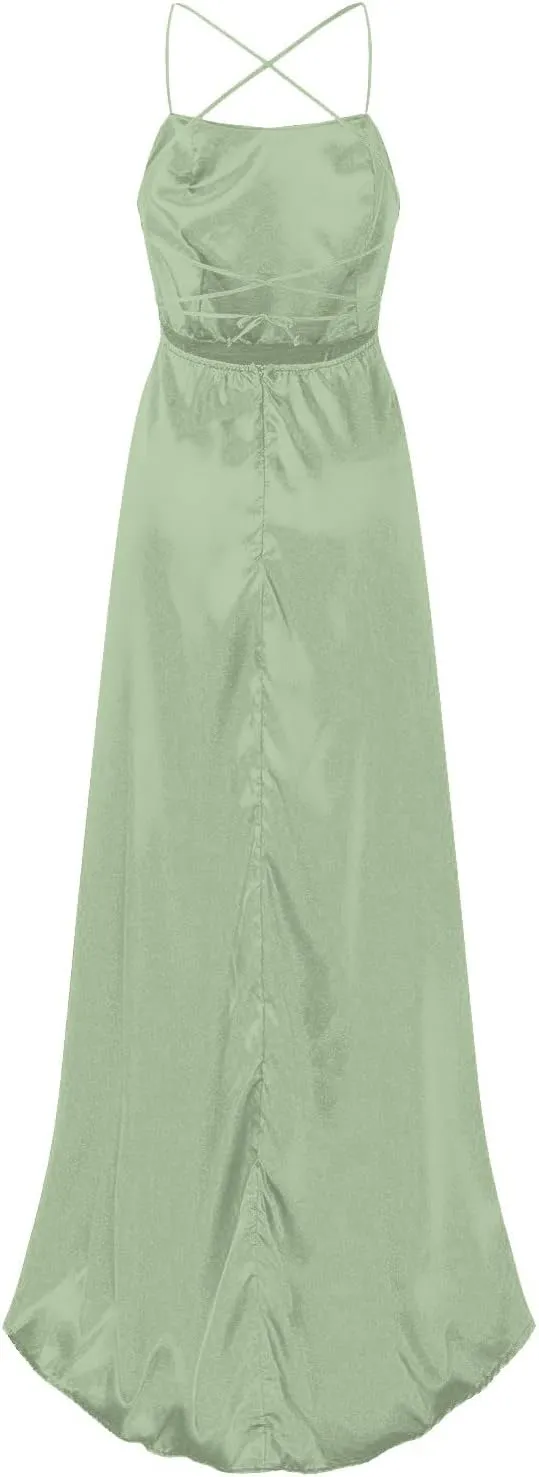 Women's Evening Formal Dresses 2024 Trendy Elegant Prom Dress Solid Satin Backless Split Cocktail Wedding Party Long Dresses