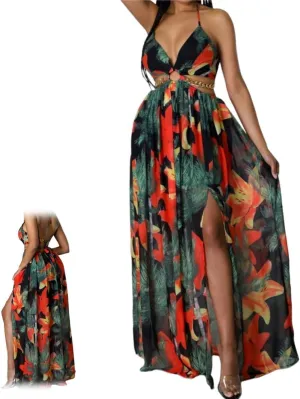 Women's Floral Print Chain Decor Split Thigh Tie Back Dress,V Neck Tie Open Back High Slit A Line Summer Maxi Dress for Beach