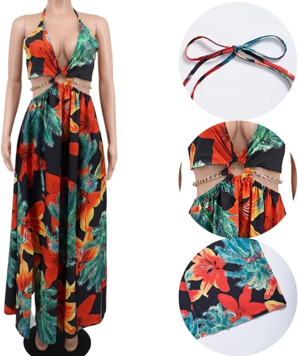 Women's Floral Print Chain Decor Split Thigh Tie Back Dress,V Neck Tie Open Back High Slit A Line Summer Maxi Dress for Beach