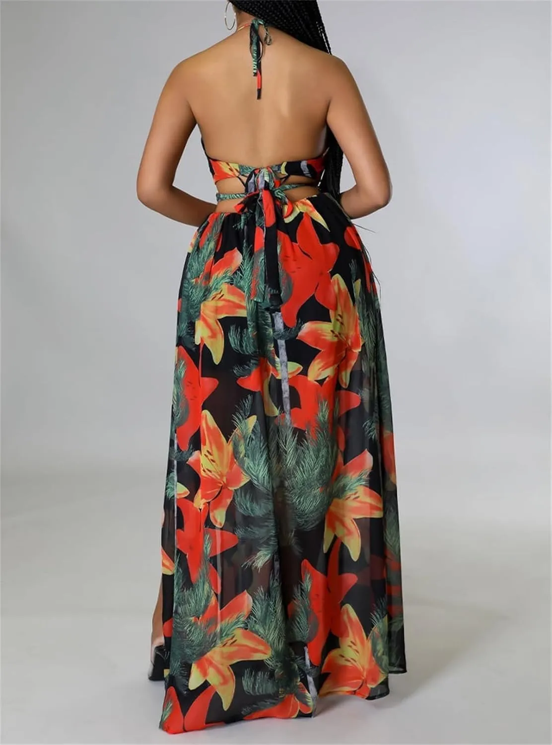 Women's Floral Print Chain Decor Split Thigh Tie Back Dress,V Neck Tie Open Back High Slit A Line Summer Maxi Dress for Beach