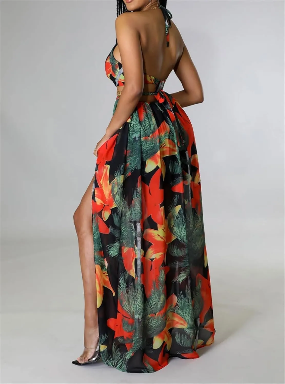 Women's Floral Print Chain Decor Split Thigh Tie Back Dress,V Neck Tie Open Back High Slit A Line Summer Maxi Dress for Beach