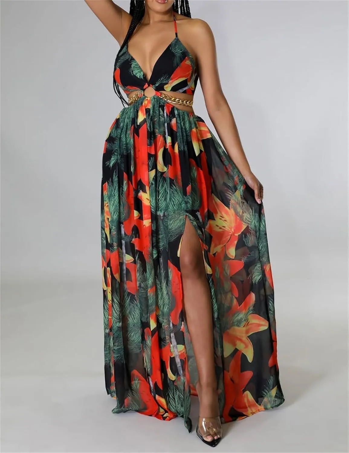 Women's Floral Print Chain Decor Split Thigh Tie Back Dress,V Neck Tie Open Back High Slit A Line Summer Maxi Dress for Beach
