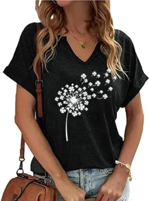 Women's Floral T-Shirts V-Neck Dandelion Sun Flower Graphic Casual Tee Boho Tops Cute Wildflowers Shirts
