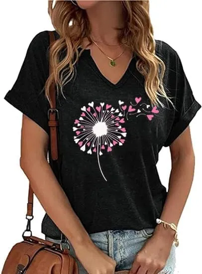 Women's Floral T-Shirts V-Neck Dandelion Sun Flower Graphic Casual Tee Boho Tops Cute Wildflowers Shirts