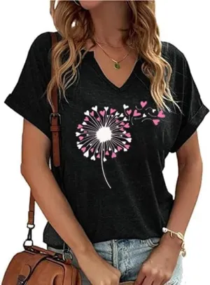 Women's Floral T-Shirts V-Neck Dandelion Sun Flower Graphic Casual Tee Boho Tops Cute Wildflowers Shirts
