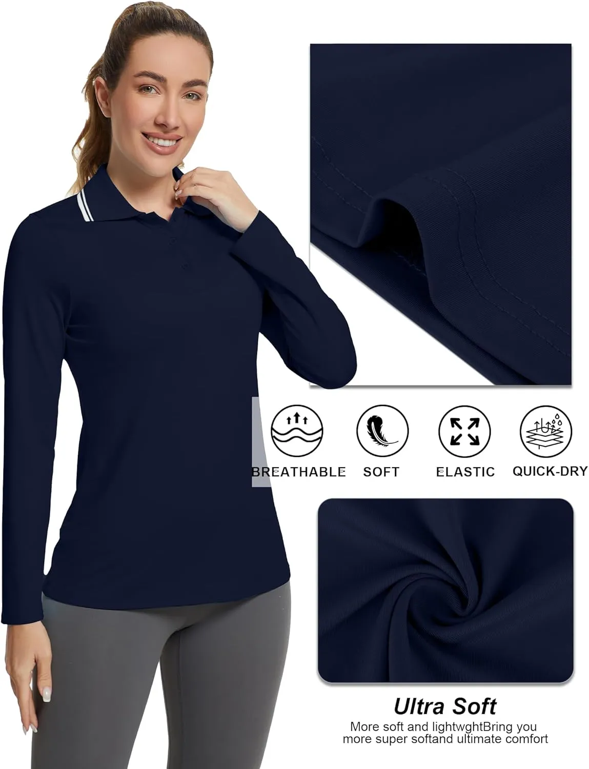 Women's Golf Polo Shirts Long Sleeve Workout Tops UPF 50  Sun Protection Quick Dry Lightweight Active Tennis Shirts