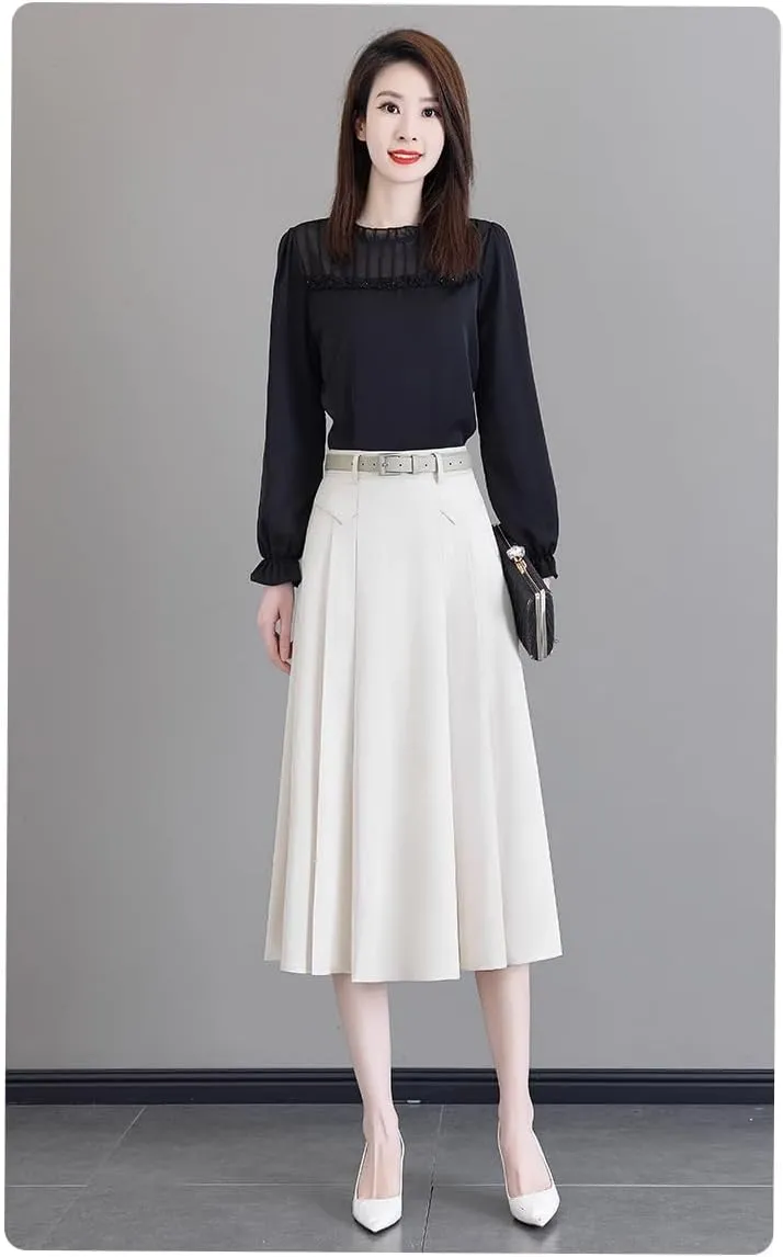 Women's Half-Body Spring High Waist White A-Line Mid-Length Pleated Half-Body Skirt
