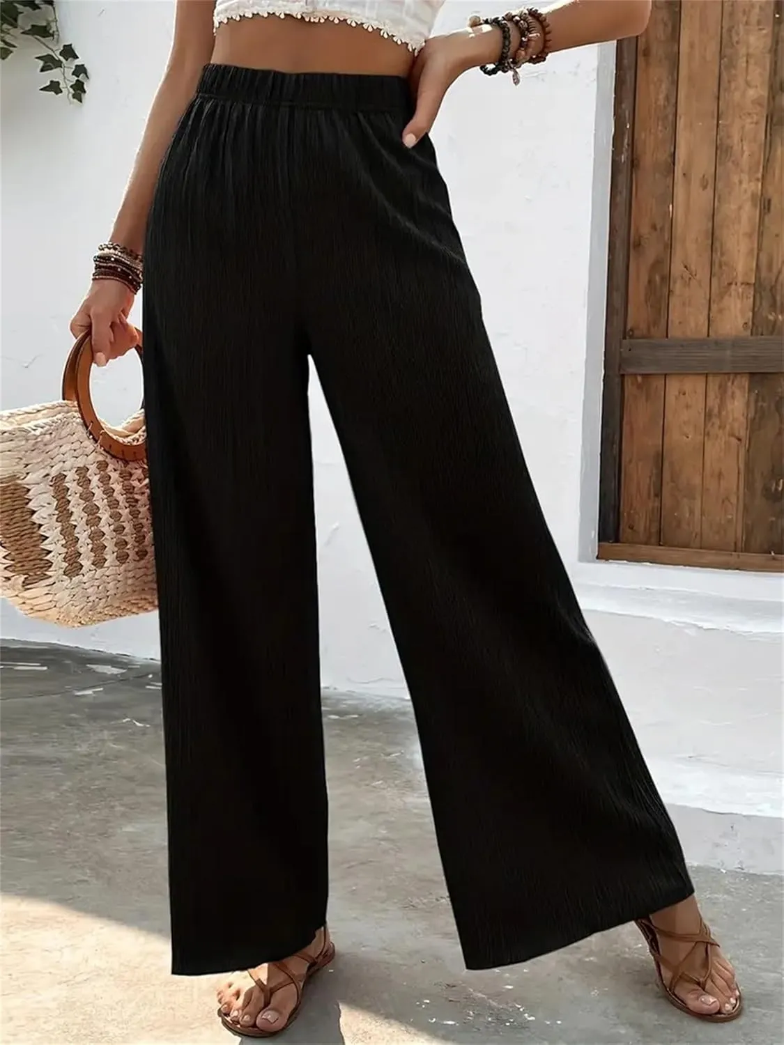Women's High Waist Solid Color Bootcut Pants Summer Casual Pleated Fashion Elastic Waist Wide Leg Trousers