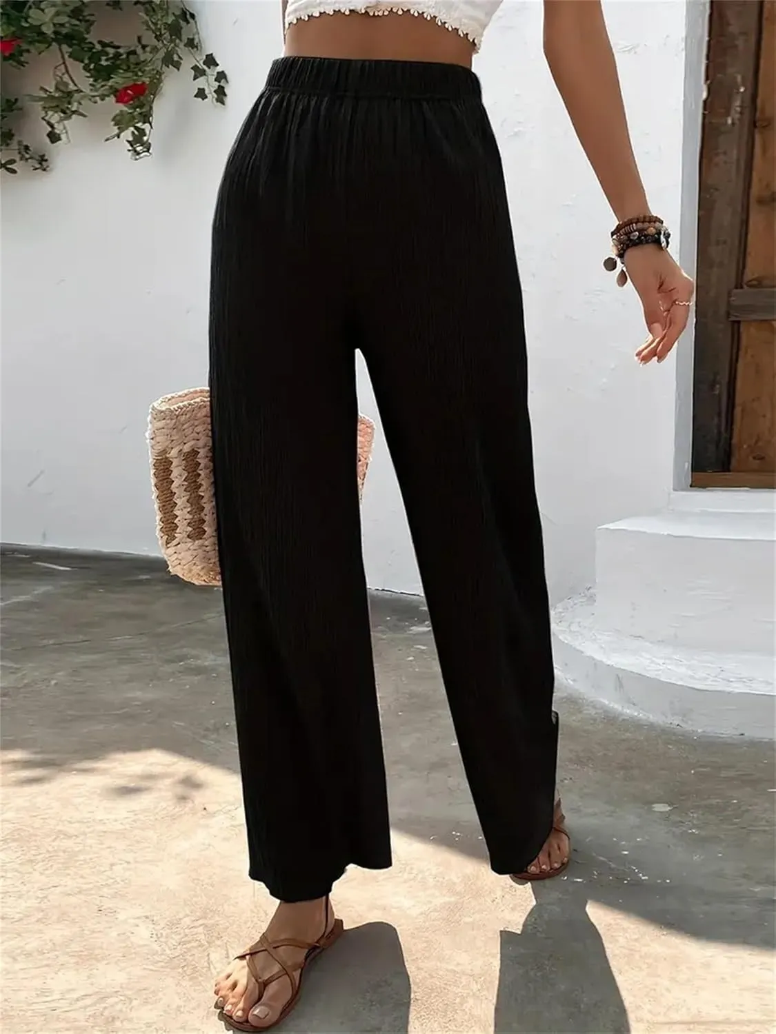 Women's High Waist Solid Color Bootcut Pants Summer Casual Pleated Fashion Elastic Waist Wide Leg Trousers