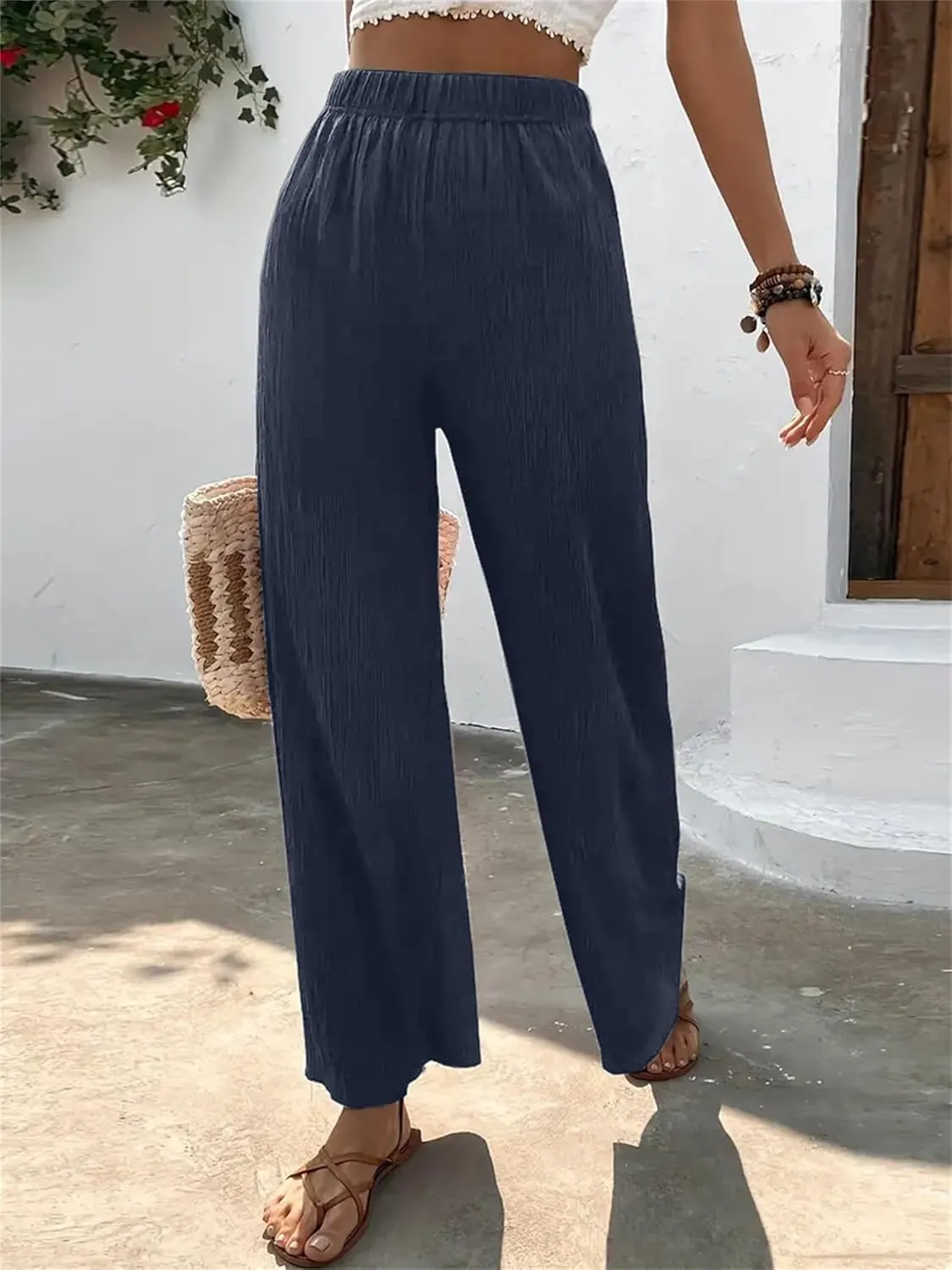 Women's High Waist Solid Color Bootcut Pants Summer Casual Pleated Fashion Elastic Waist Wide Leg Trousers