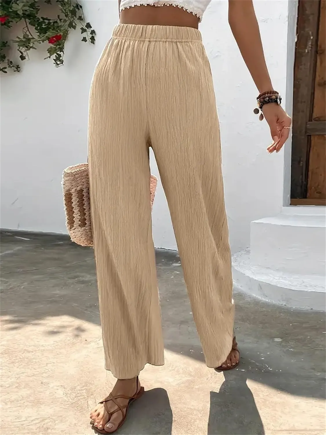 Women's High Waist Solid Color Bootcut Pants Summer Casual Pleated Fashion Elastic Waist Wide Leg Trousers