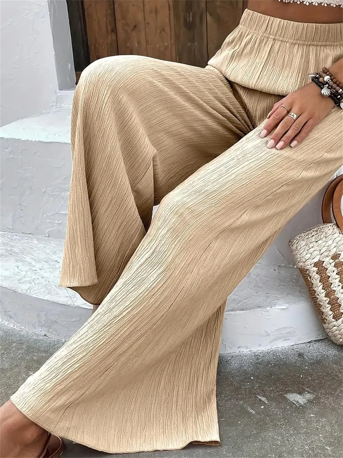 Women's High Waist Solid Color Bootcut Pants Summer Casual Pleated Fashion Elastic Waist Wide Leg Trousers