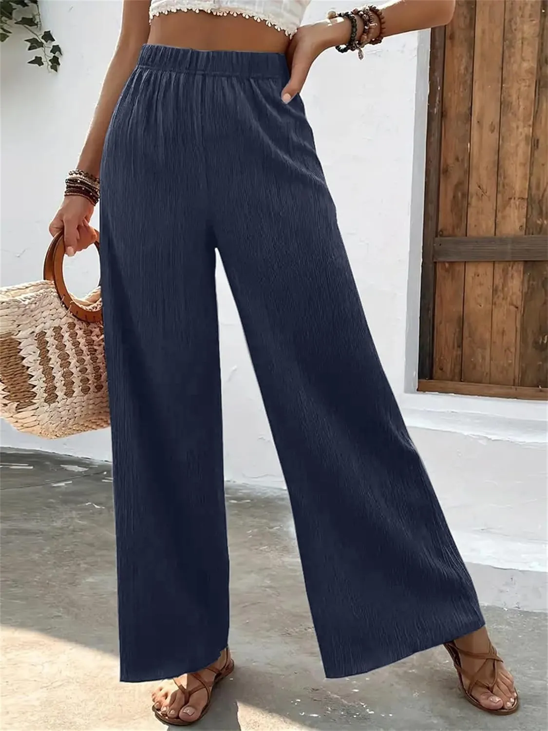 Women's High Waist Solid Color Bootcut Pants Summer Casual Pleated Fashion Elastic Waist Wide Leg Trousers