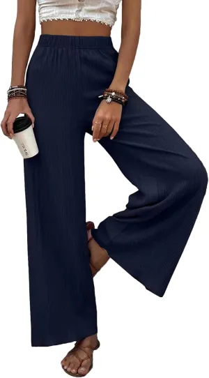 Women's High Waist Solid Color Bootcut Pants Summer Casual Pleated Fashion Elastic Waist Wide Leg Trousers