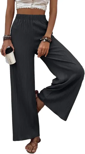 Women's High Waist Solid Color Bootcut Pants Summer Casual Pleated Fashion Elastic Waist Wide Leg Trousers