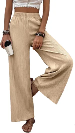 Women's High Waist Solid Color Bootcut Pants Summer Casual Pleated Fashion Elastic Waist Wide Leg Trousers