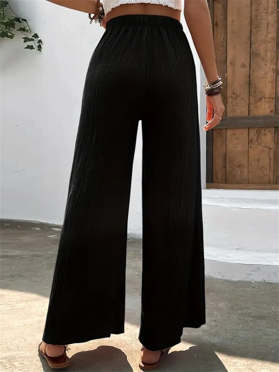 Women's High Waist Solid Color Bootcut Pants Summer Casual Pleated Fashion Elastic Waist Wide Leg Trousers