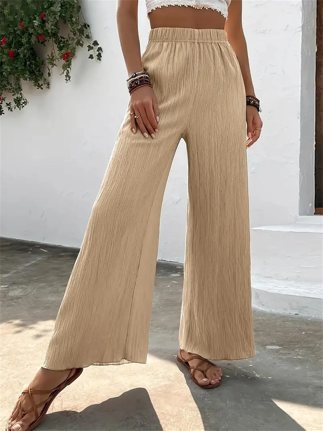 Women's High Waist Solid Color Bootcut Pants Summer Casual Pleated Fashion Elastic Waist Wide Leg Trousers