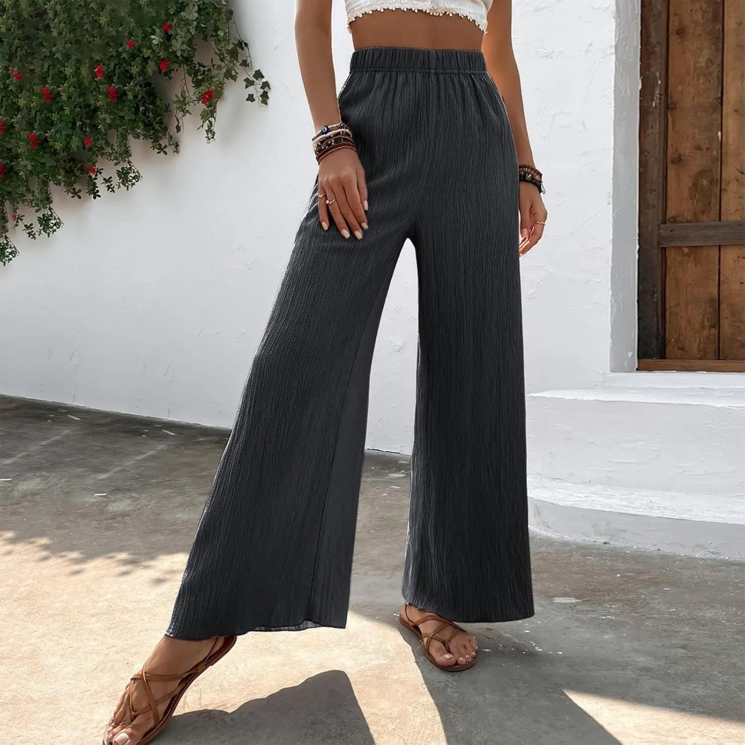 Women's High Waist Solid Color Bootcut Pants Summer Casual Pleated Fashion Elastic Waist Wide Leg Trousers