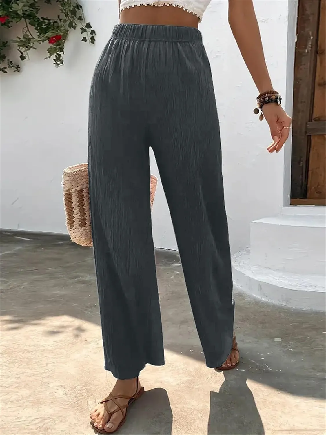 Women's High Waist Solid Color Bootcut Pants Summer Casual Pleated Fashion Elastic Waist Wide Leg Trousers