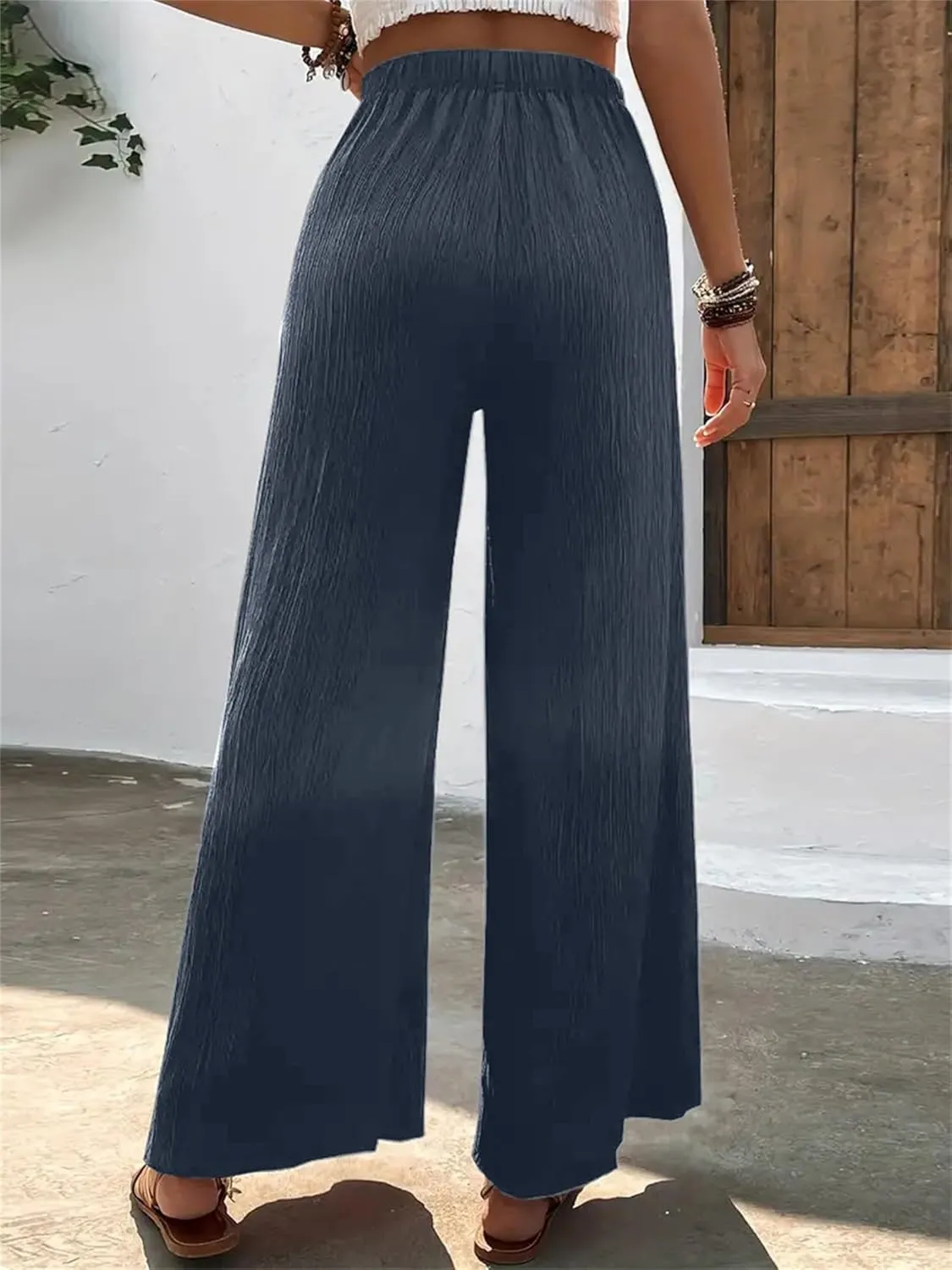 Women's High Waist Solid Color Bootcut Pants Summer Casual Pleated Fashion Elastic Waist Wide Leg Trousers