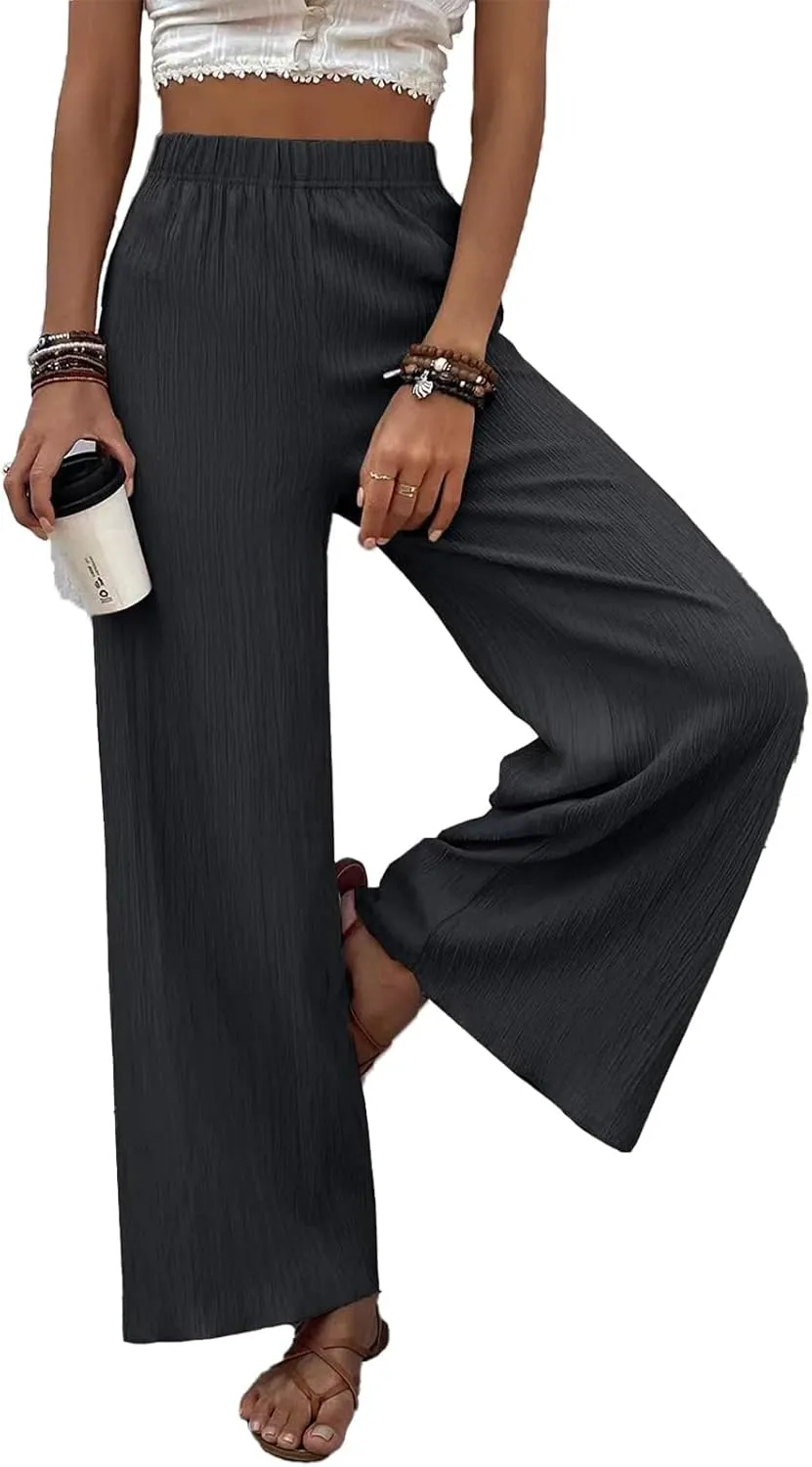 Women's High Waist Solid Color Bootcut Pants Summer Casual Pleated Fashion Elastic Waist Wide Leg Trousers