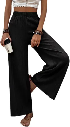 Women's High Waist Solid Color Bootcut Pants Summer Casual Pleated Fashion Elastic Waist Wide Leg Trousers