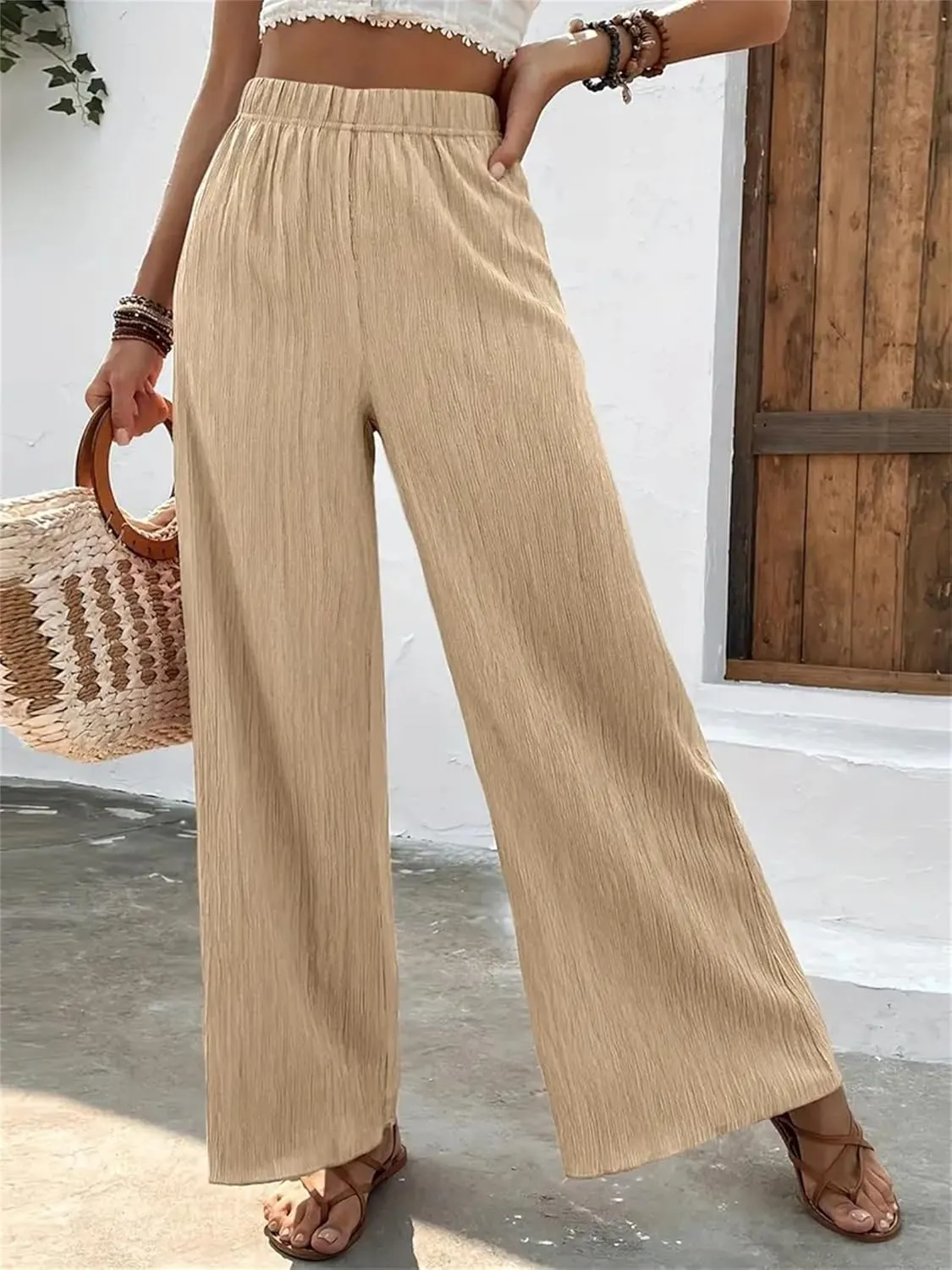Women's High Waist Solid Color Bootcut Pants Summer Casual Pleated Fashion Elastic Waist Wide Leg Trousers